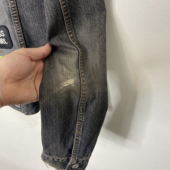 Gap Woman L Black Denim Girl Pwr Drinking Patches Jacket Irish Grunge Biker - Picture 3 of 9